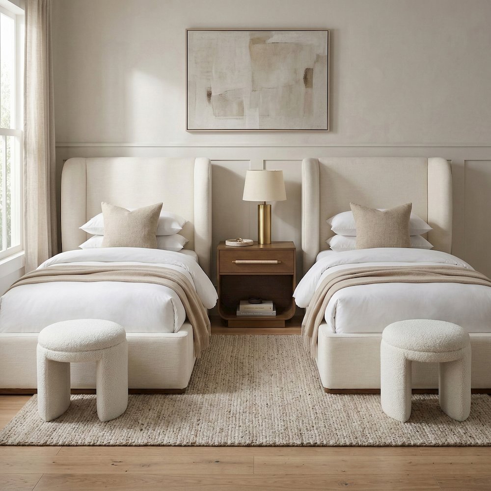 Aurin Cream Linen Textured Fabric Upholstered Twin Bed