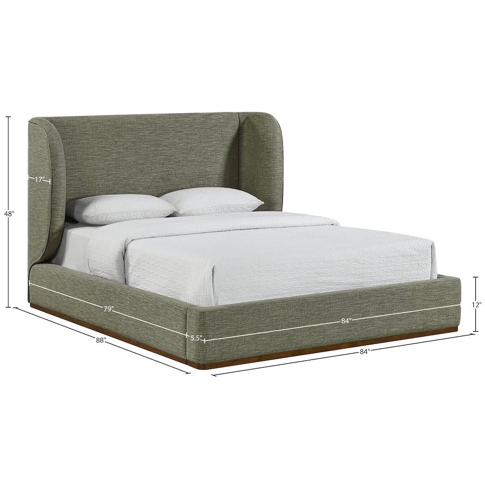 Aurin Olive Green Linen Textured Fabric Upholstered King Bed