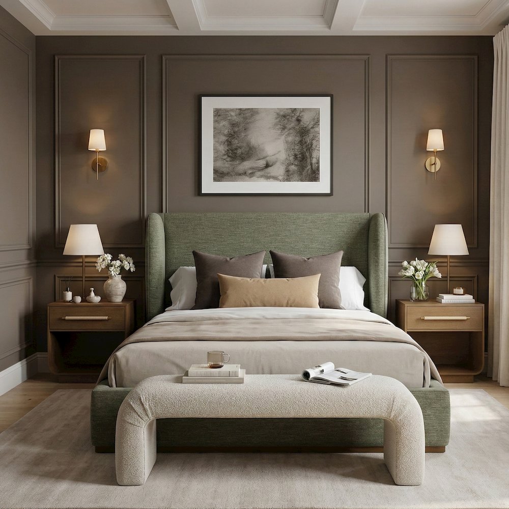 Aurin Olive Green Linen Textured Fabric Upholstered King Bed