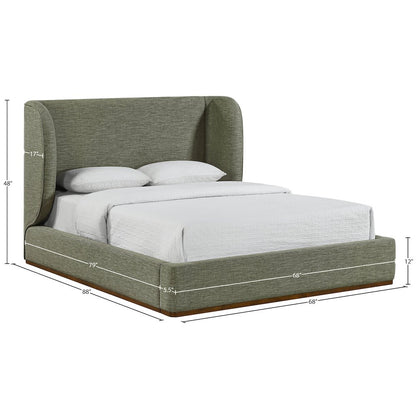 Aurin Olive Green Linen Textured Fabric Upholstered Queen Bed