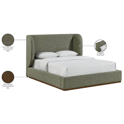 Aurin Olive Green Linen Textured Fabric Upholstered Queen Bed