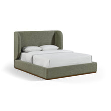 Aurin Olive Green Linen Textured Fabric Upholstered Queen Bed