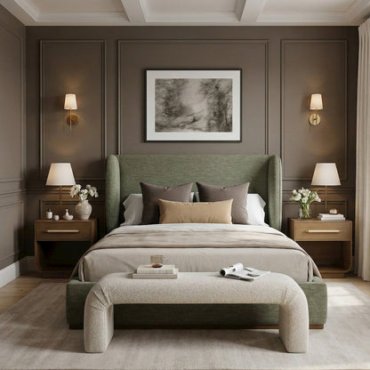 Aurin Olive Green Linen Textured Fabric Upholstered Queen Bed