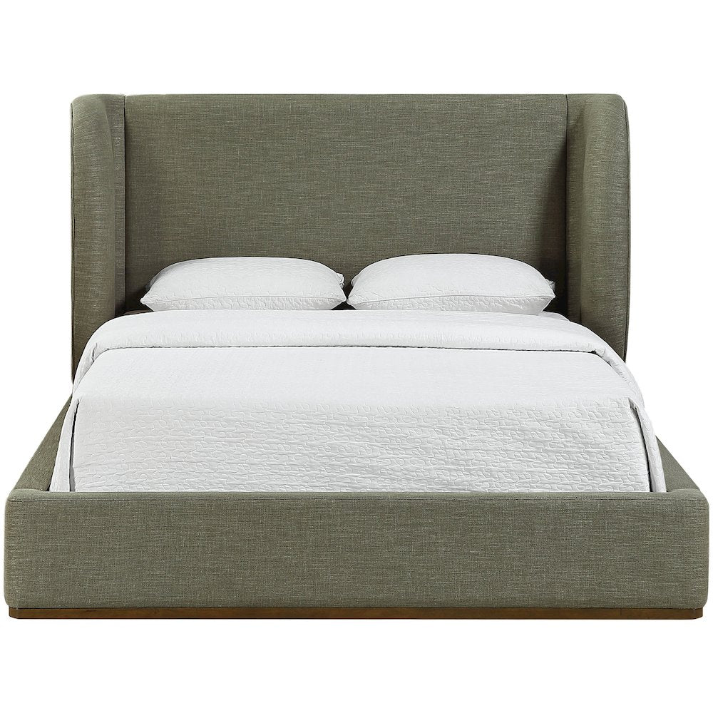 Aurin Olive Green Linen Textured Fabric Upholstered Queen Bed