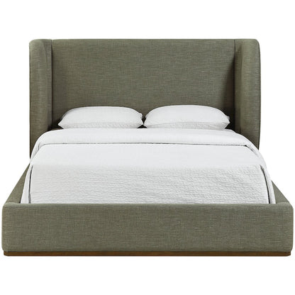 Aurin Olive Green Linen Textured Fabric Upholstered Queen Bed