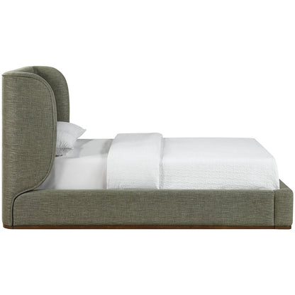Aurin Olive Green Linen Textured Fabric Upholstered Queen Bed