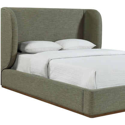 Aurin Olive Green Linen Textured Fabric Upholstered Queen Bed