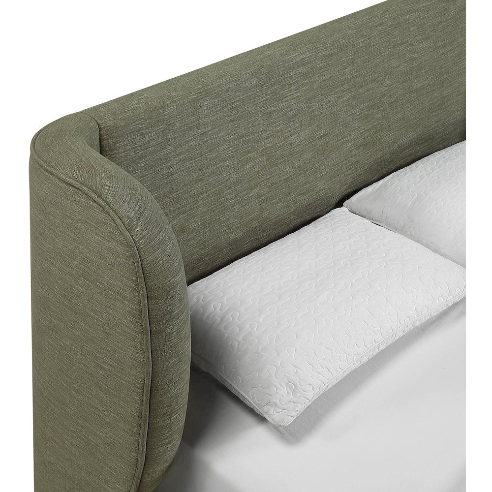 Aurin Olive Green Linen Textured Fabric Upholstered Queen Bed