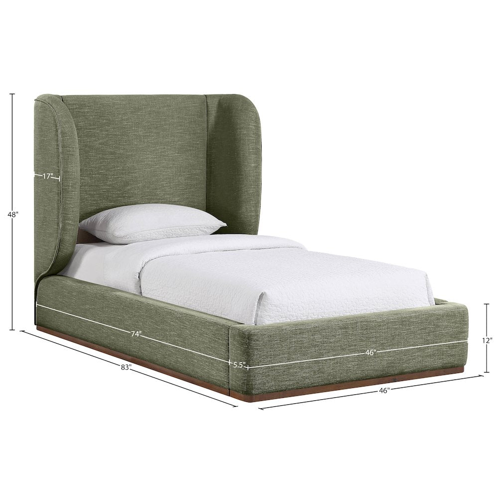 Aurin Olive Green Linen Textured Fabric Upholstered Twin Bed