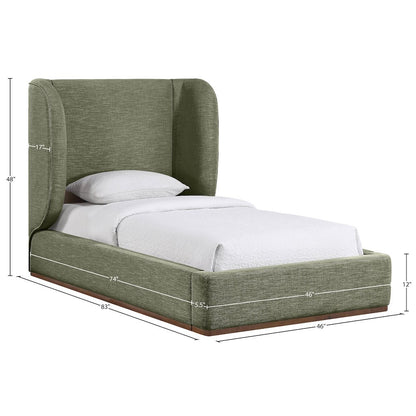Aurin Olive Green Linen Textured Fabric Upholstered Twin Bed