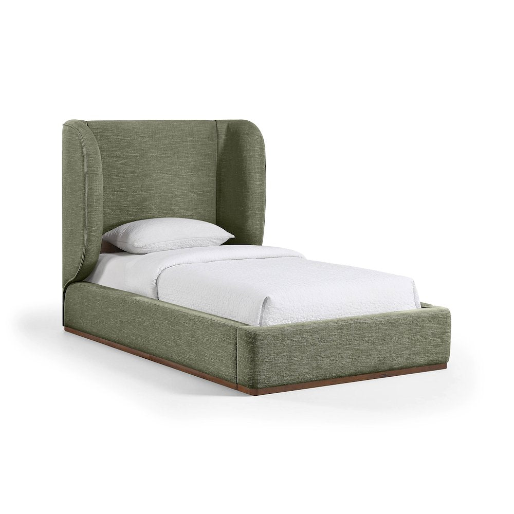 Aurin Olive Green Linen Textured Fabric Upholstered Twin Bed