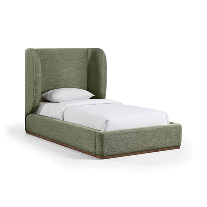 Aurin Olive Green Linen Textured Fabric Upholstered Twin Bed