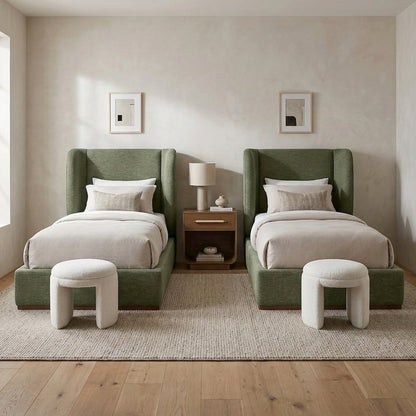 Aurin Olive Green Linen Textured Fabric Upholstered Twin Bed