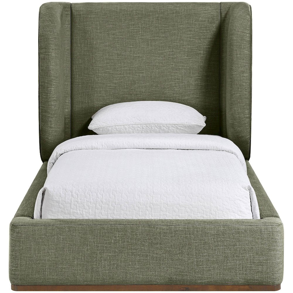Aurin Olive Green Linen Textured Fabric Upholstered Twin Bed