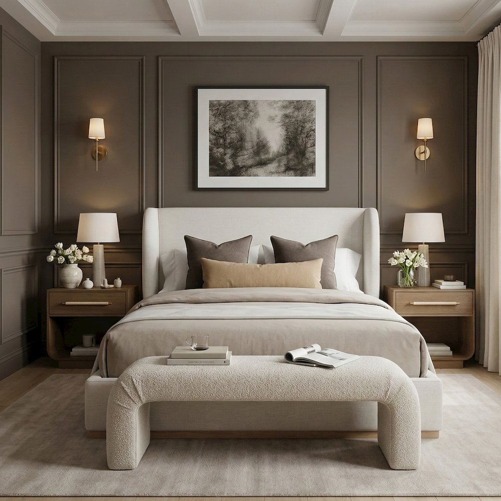 Aurin Cream Linen Textured Fabric Upholstered Queen Bed