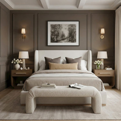 Aurin Cream Linen Textured Fabric Upholstered Queen Bed