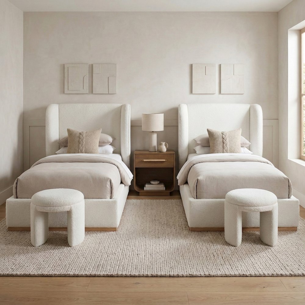 Aurin Cream Linen Textured Fabric Upholstered Twin Bed