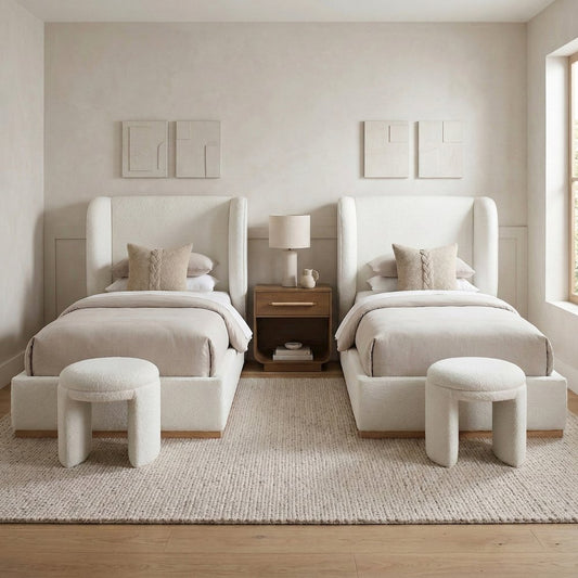 Aurin Cream Linen Textured Fabric Upholstered Twin Bed