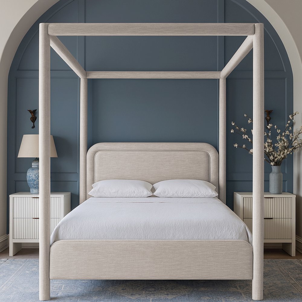 Salina Beige Linen Textured Fabric Upholstered Queen Bed