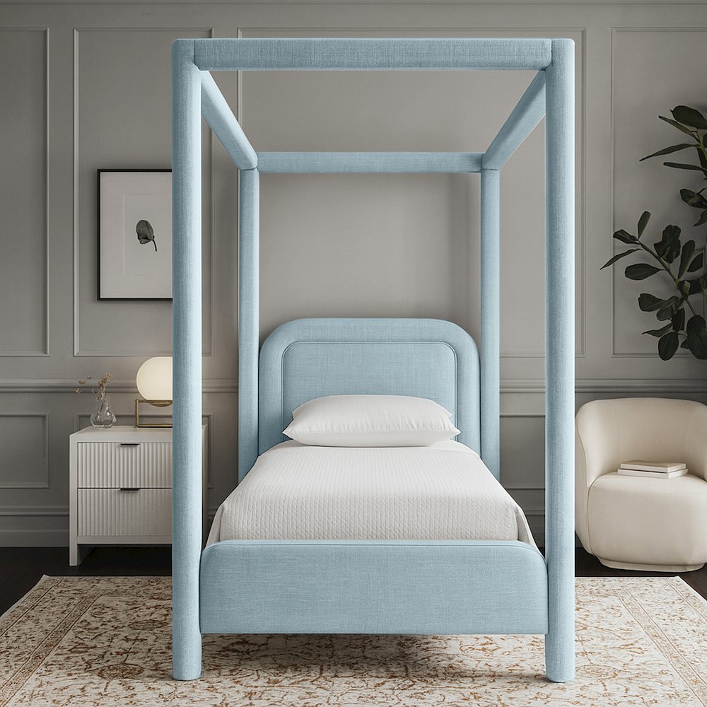 Salina Light Blue Linen Textured Fabric Upholstered Twin Bed