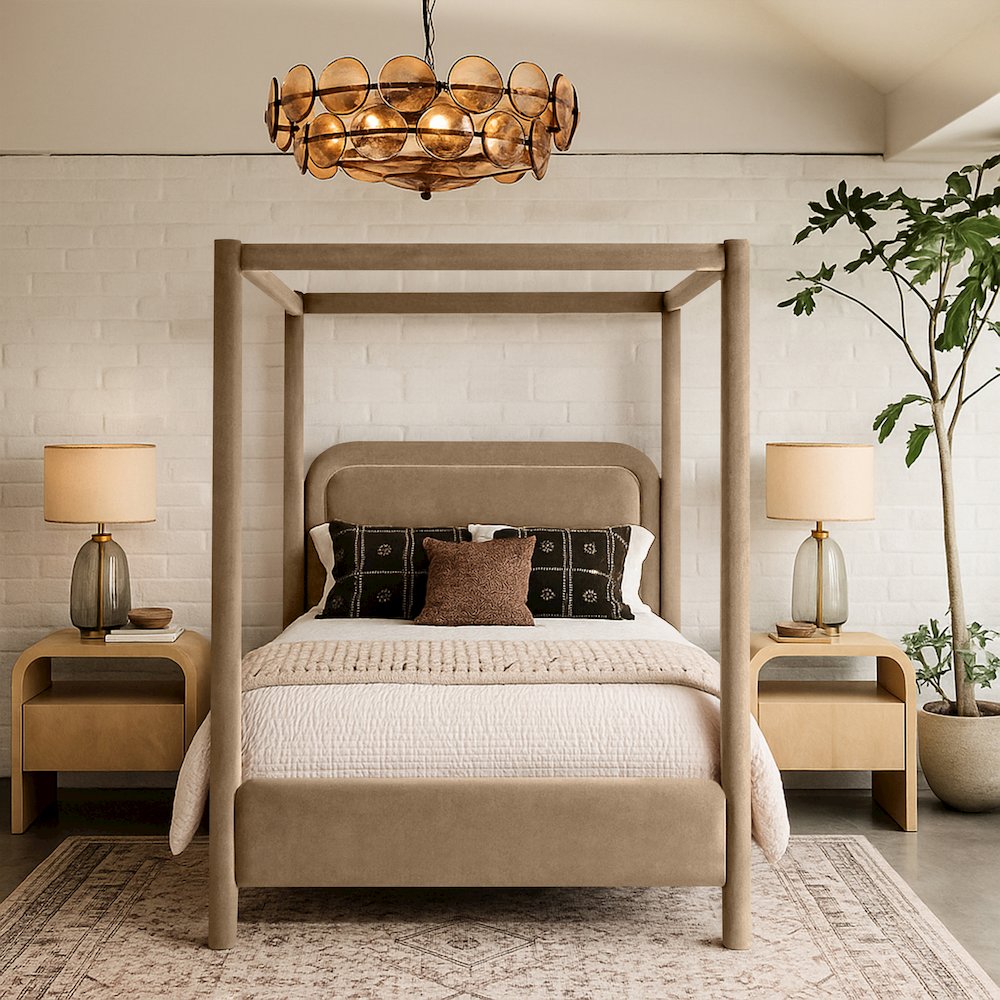 Salina Beige Velvet Upholstered Queen Bed