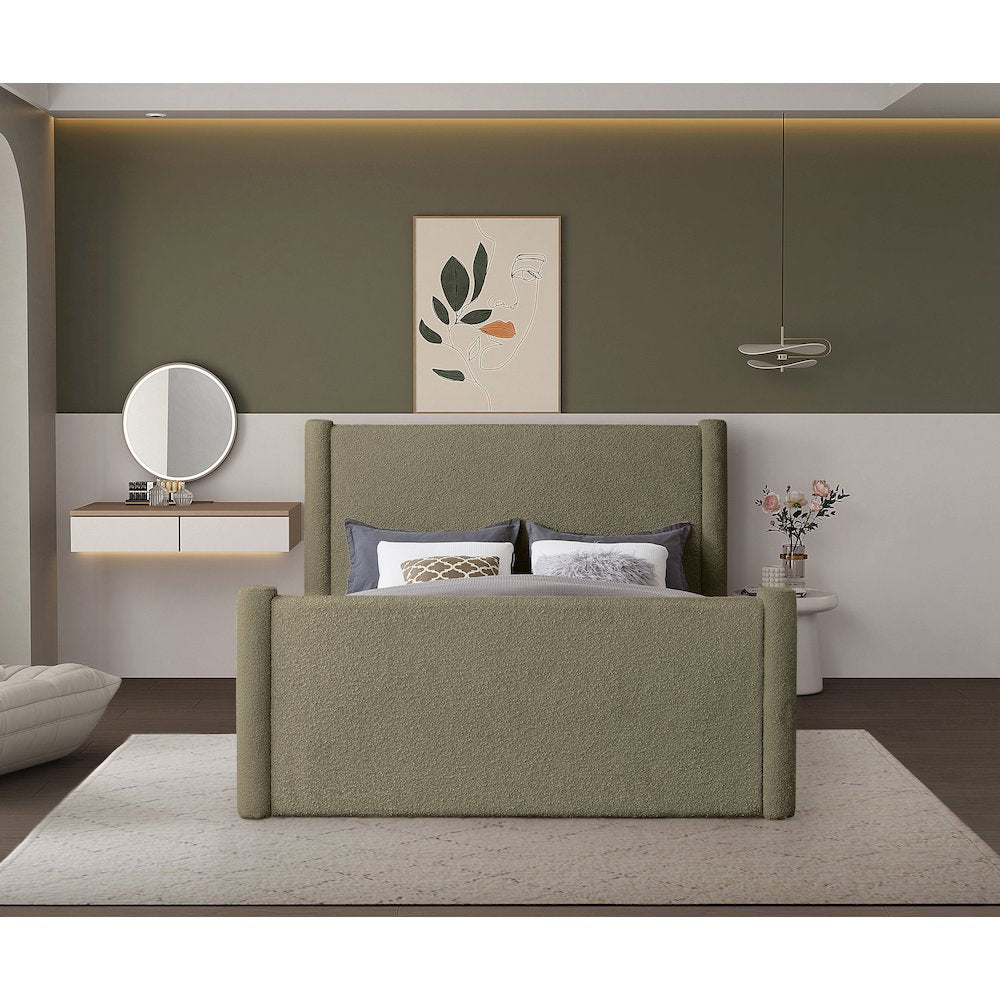 Elias Olive Green Boucle Fabric Full Bed