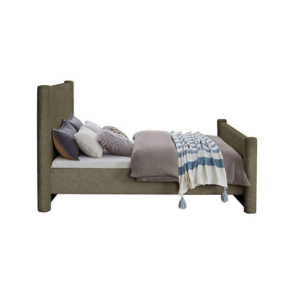 Elias Olive Green Boucle Fabric King Bed
