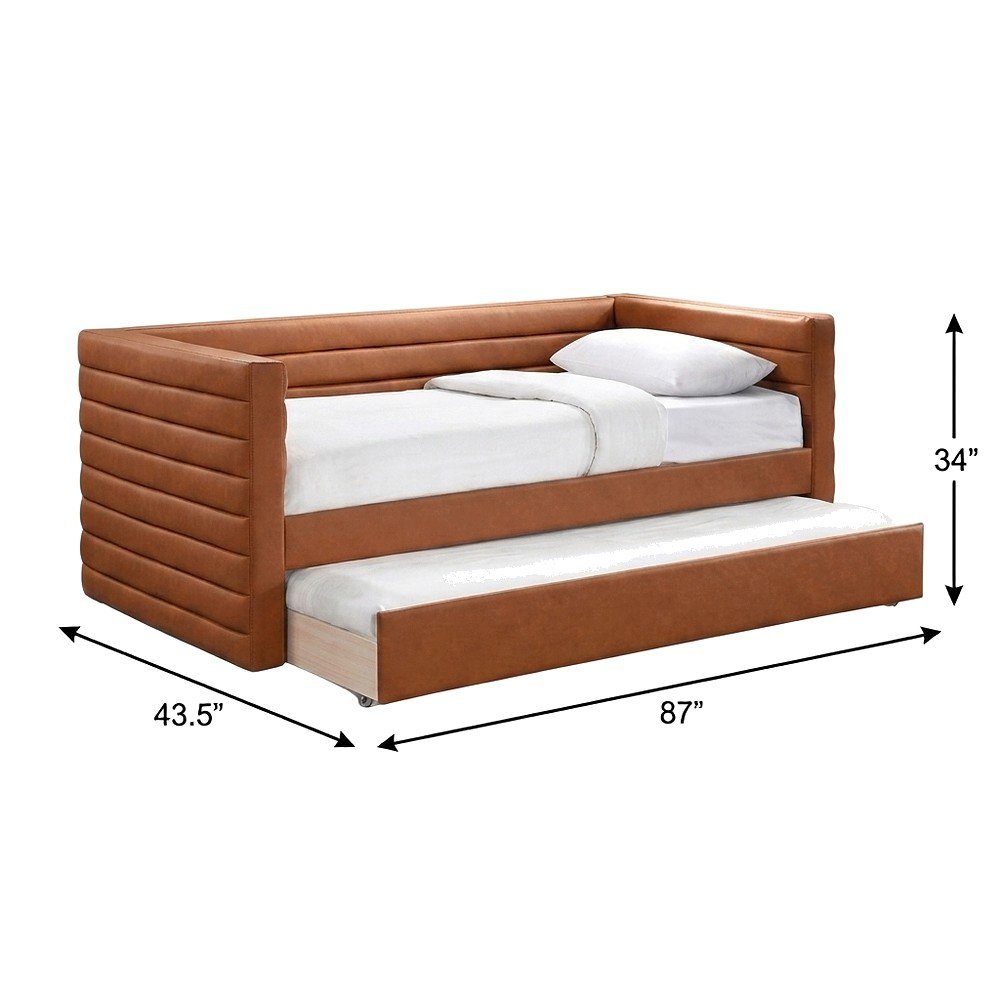 Vegan Leather Twin Daybed with Trundle, Upholstered Sofa, Cognac Vegan Leather