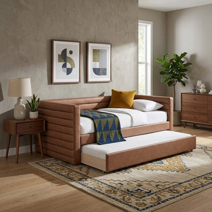 Vegan Leather Twin Daybed with Trundle, Upholstered Sofa, Cognac Vegan Leather