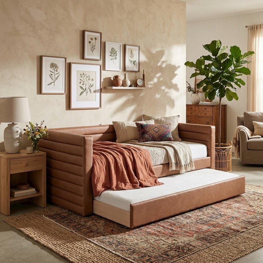 Vegan Leather Twin Daybed with Trundle, Upholstered Sofa, Cognac Vegan Leather