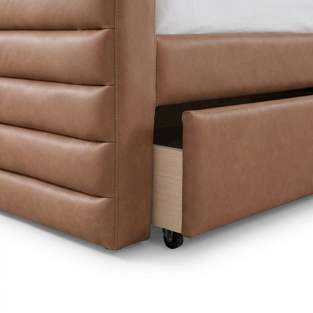 Vegan Leather Twin Daybed with Trundle, Upholstered Sofa, Cognac Vegan Leather