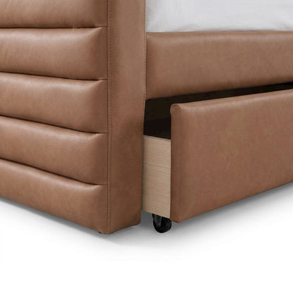 Vegan Leather Twin Daybed with Trundle, Upholstered Sofa, Cognac Vegan Leather