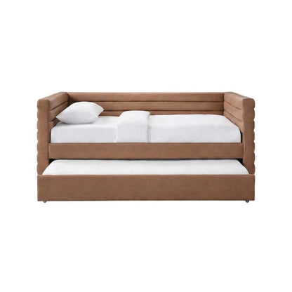 Vegan Leather Twin Daybed with Trundle, Upholstered Sofa, Cognac Vegan Leather