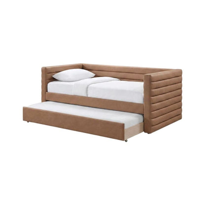 Vegan Leather Twin Daybed with Trundle, Upholstered Sofa, Cognac Vegan Leather