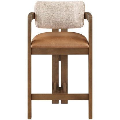 Ravina Cognac Vegan Leather and Linen Textured Fabric Upholstered Counter Stool