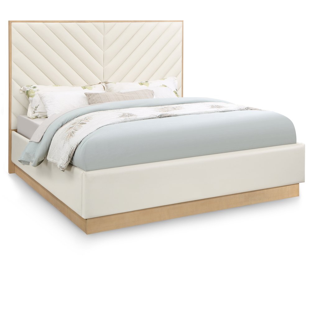 Vegan Leather King Platform Bed Frame with Tufted Headboard, Cream Vegan Leather