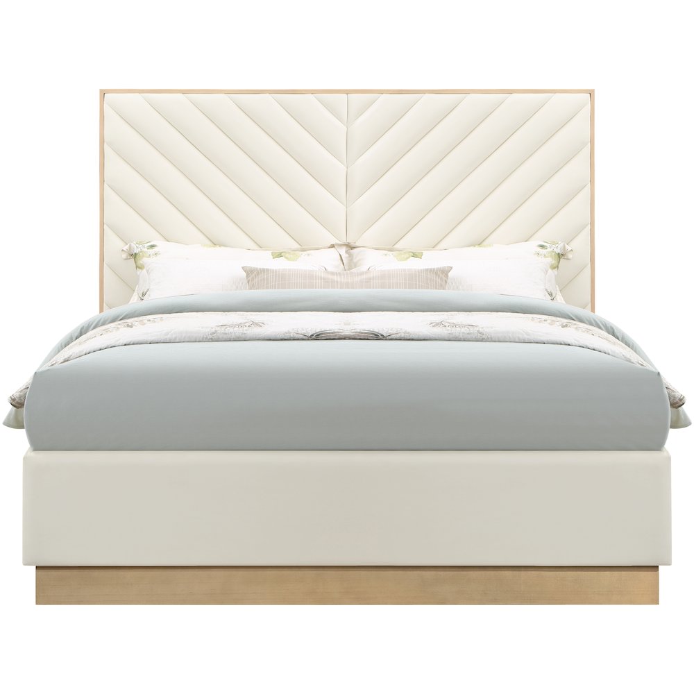 Vegan Leather King Platform Bed Frame with Tufted Headboard, Cream Vegan Leather