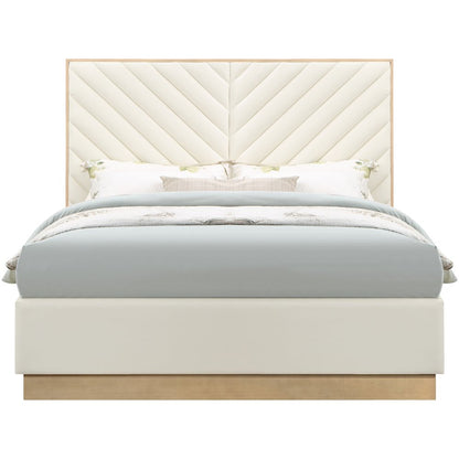 Vegan Leather King Platform Bed Frame with Tufted Headboard, Cream Vegan Leather