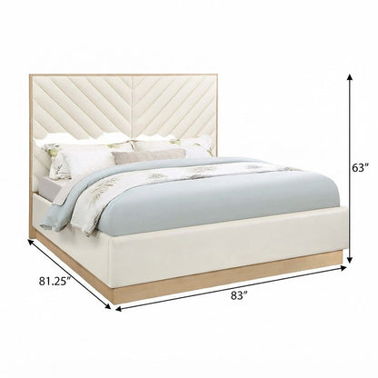 Vegan Leather King Platform Bed Frame with Tufted Headboard, Cream Vegan Leather