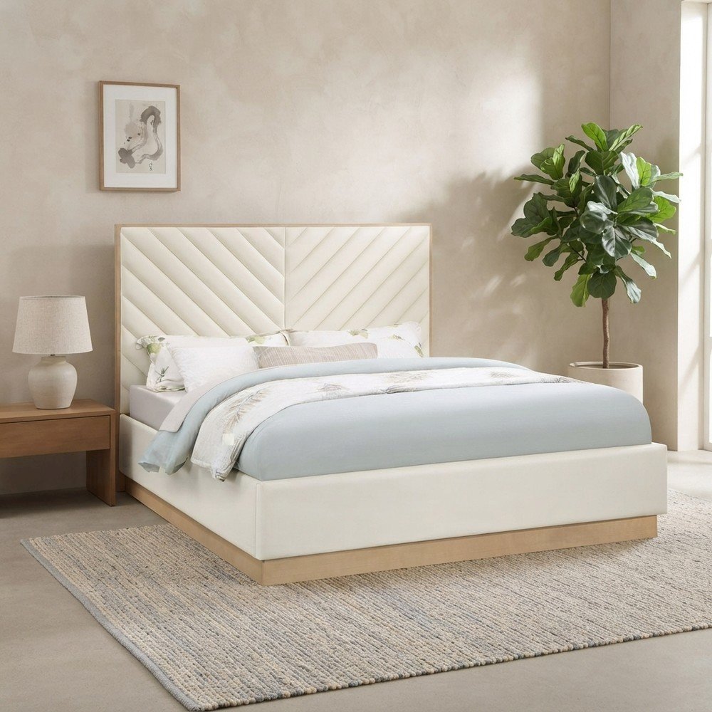 Vegan Leather King Platform Bed Frame with Tufted Headboard, Cream Vegan Leather