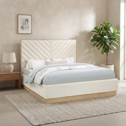 Vegan Leather King Platform Bed Frame with Tufted Headboard, Cream Vegan Leather