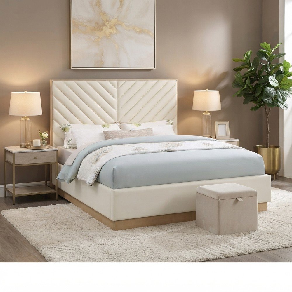 Vegan Leather King Platform Bed Frame with Tufted Headboard, Cream Vegan Leather