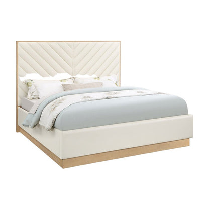Vegan Leather King Platform Bed Frame with Tufted Headboard, Cream Vegan Leather