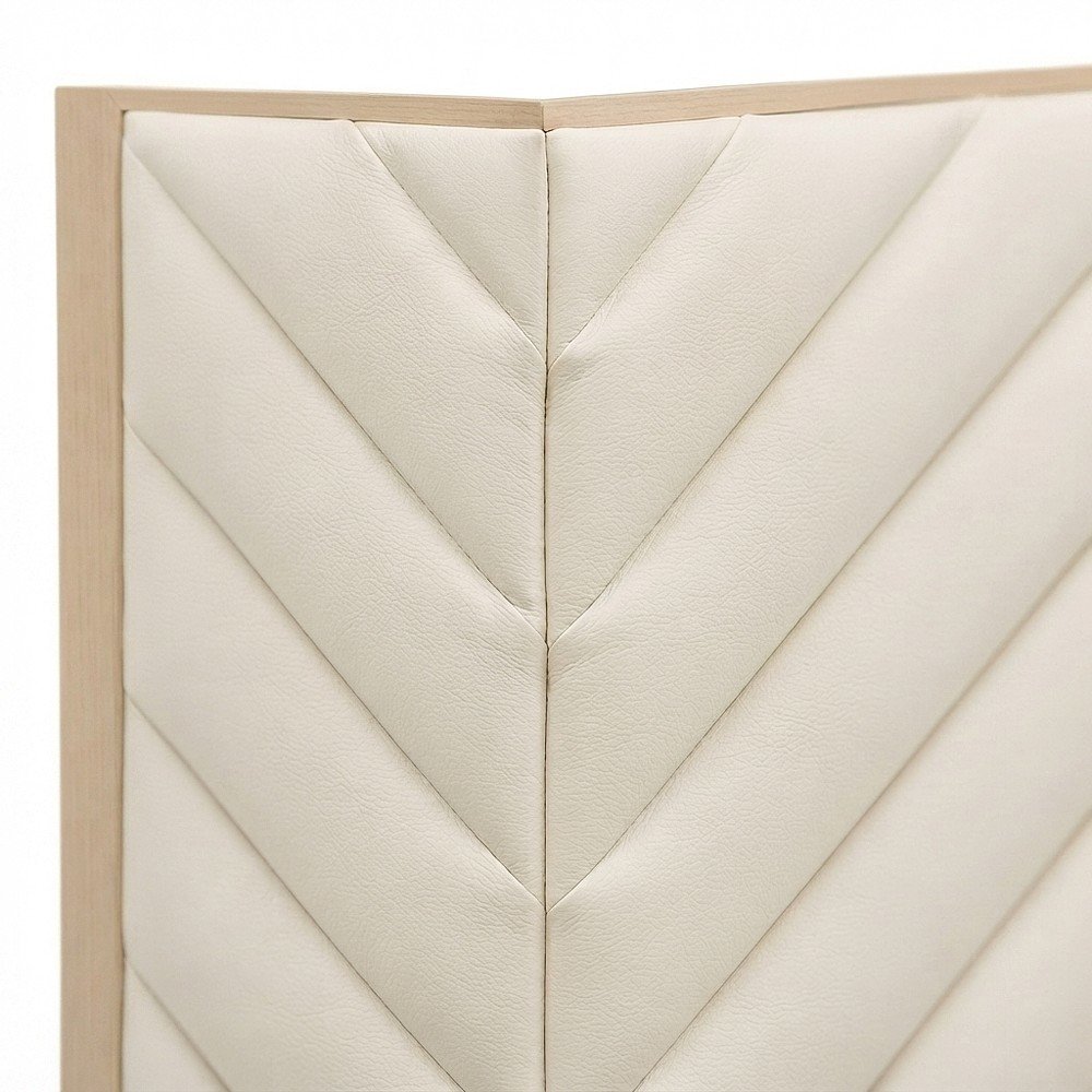 Vegan Leather King Platform Bed Frame with Tufted Headboard, Cream Vegan Leather