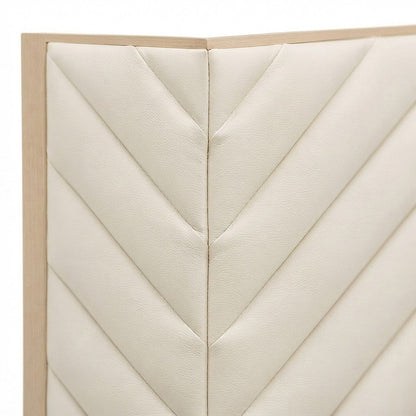 Vegan Leather King Platform Bed Frame with Tufted Headboard, Cream Vegan Leather