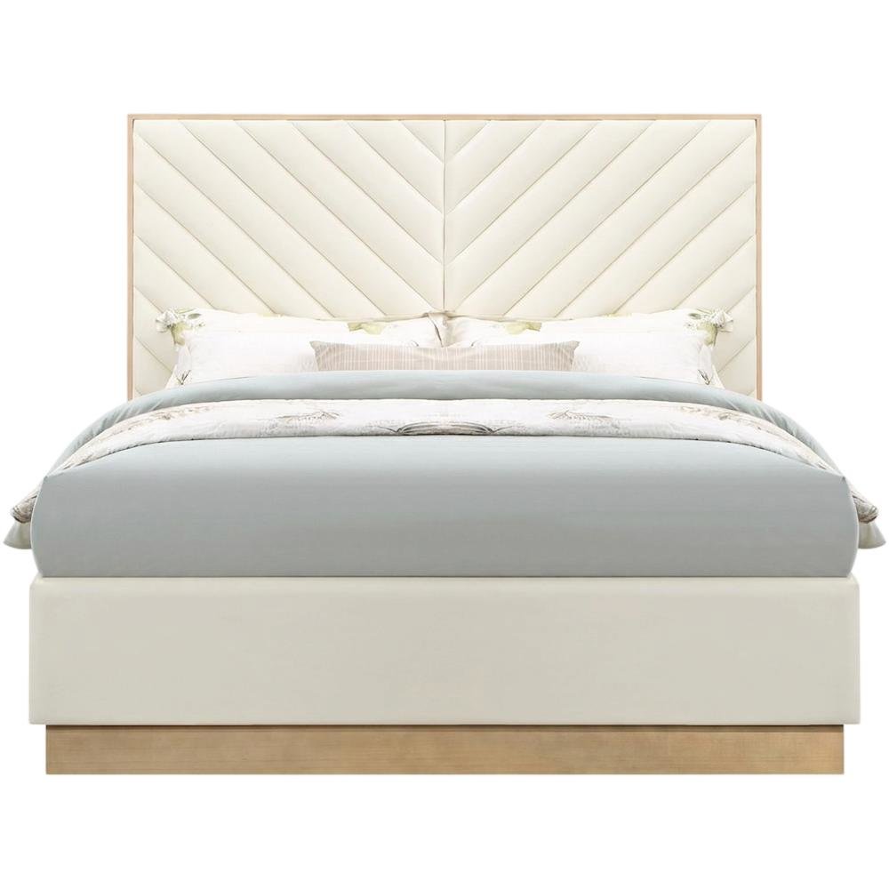 Vegan Leather King Platform Bed Frame with Tufted Headboard, Cream Vegan Leather