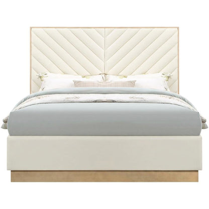 Vegan Leather King Platform Bed Frame with Tufted Headboard, Cream Vegan Leather