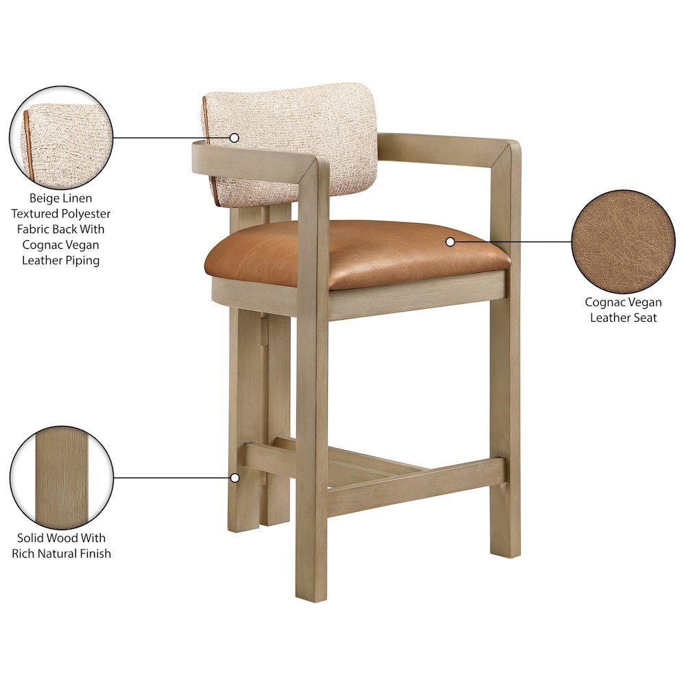 Ravina Cognac Vegan Leather and Linen Fabric Upholstered Counter Stool