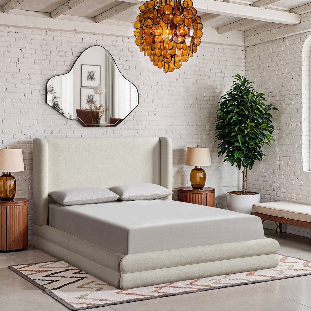 Chandra Cream Linen Textured Fabric Upholstered Queen Bed