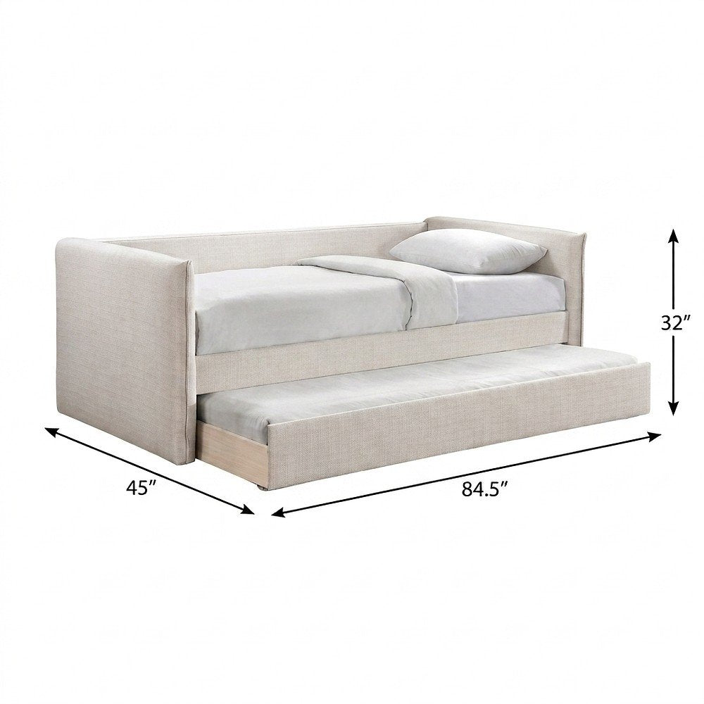Twin Daybed with Pop-Up Trundle, Cream Linen Textured Fabric